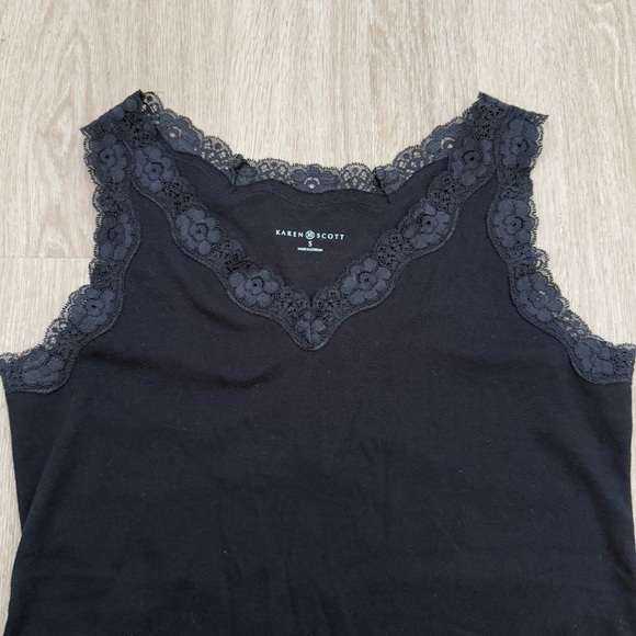 Gently Used Karen Scott Size Small Black Cotton Tank Top with Lace Trim - Picture 7 of 8